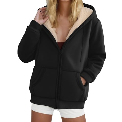 Fleecejacke Hoodie Damen Kapuzenpullover Sweatjacke Oversize Zipper Hoodie Fleecejacke Kapuze Herbst Winter Warm Sweatshirt Pullover Kapuzenjacke mit Reißverschluss Übergangsjacke(Black, XXL) von Splrit-MAN
