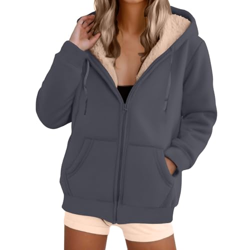 Fleecejacke Hoodie Damen Kapuzenpullover Sweatjacke Oversize Zipper Hoodie Fleecejacke Kapuze Herbst Winter Warm Sweatshirt Pullover Kapuzenjacke mit Reißverschluss Übergangsjacke(Dark Gray, L) von Splrit-MAN