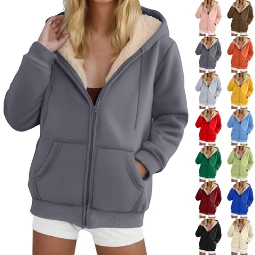 Fleecejacke Hoodie Damen Kapuzenpullover Sweatjacke Oversize Zipper Hoodie Fleecejacke Kapuze Herbst Winter Warm Sweatshirt Pullover Kapuzenjacke mit Reißverschluss Übergangsjacke(Dark Gray, L) von Splrit-MAN