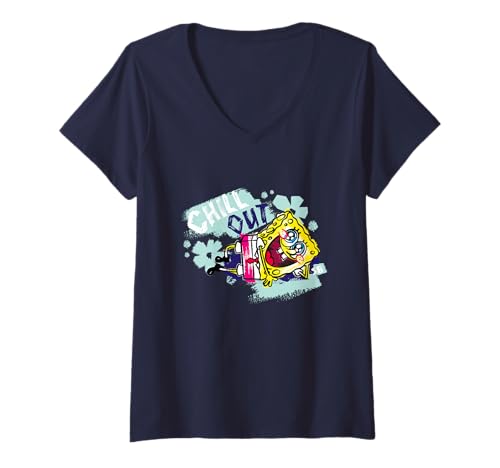 Damen Spongebob Schwammkopf Retro Chill Out Relax Comic Artwork T-Shirt mit V-Ausschnitt Damen Spongebob Schwammkopf Retro Chill Out Relax Comic Artwork T-Shirt mit V-Ausschnitt von Sponge Bob Square Pants