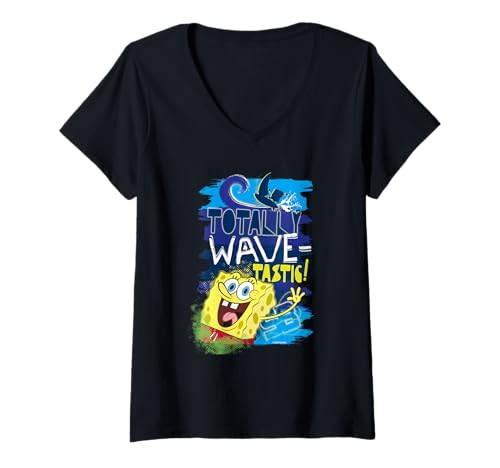 Damen Spongebob Schwammkopf 90er Jahre Surf Wellen Sommer Spaß Sport Retro T-Shirt mit V-Ausschnitt von SpongeBob SquarePants