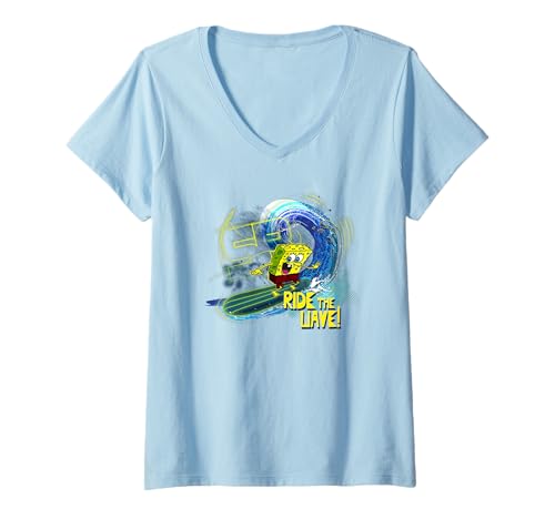 Damen Spongebob Schwammkopf Fun 90s Ride The Wave Surfing Design T-Shirt mit V-Ausschnitt von SpongeBob SquarePants