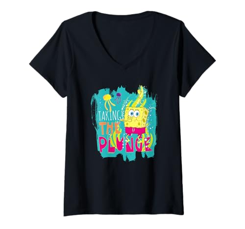 Damen Spongebob Schwammkopf Sea Dive Schwimmen Retro Sport Design T-Shirt mit V-Ausschnitt von SPONGEBOB SQUAREPANTS