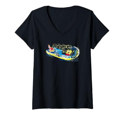 Damen Spongebob Schwammkopf Surf Wave Reitstil 90er Jahre Fun Artwork T-Shirt mit V-Ausschnitt von SpongeBob SquarePants