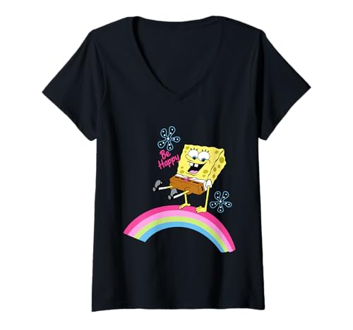 Damen Spongebob Squarepants Be Happy Rainbow T-Shirt mit V-Ausschnitt von SpongeBob SquarePants