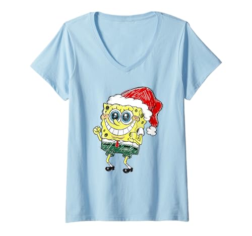 Damen Spongebob Squarepants Christmas Jolly and Hyped Santa Sketch T-Shirt mit V-Ausschnitt von SpongeBob SquarePants