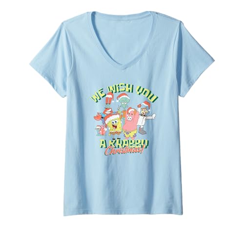 Damen Spongebob Squarepants Christmas We Wish You A Krabby Xmas! T-Shirt mit V-Ausschnitt von SpongeBob SquarePants