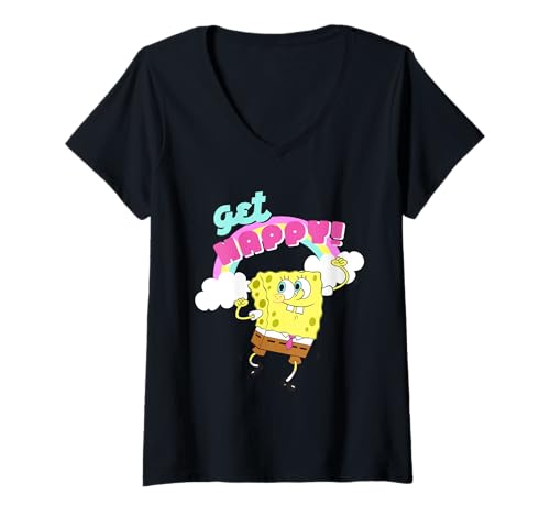 Damen Spongebob Squarepants Get Happy Clouds T-Shirt mit V-Ausschnitt von SpongeBob SquarePants