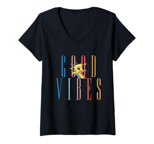 Damen Spongebob Squarepants Good Vibes Rainbow T-Shirt mit V-Ausschnitt von SpongeBob SquarePants