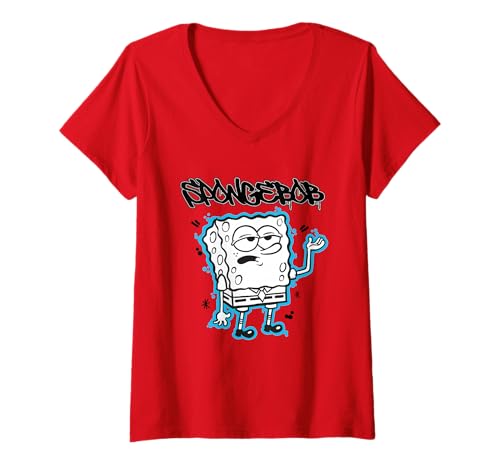 Damen Spongebob Squarepants Graffiti Neon Blue T-Shirt mit V-Ausschnitt von SpongeBob SquarePants