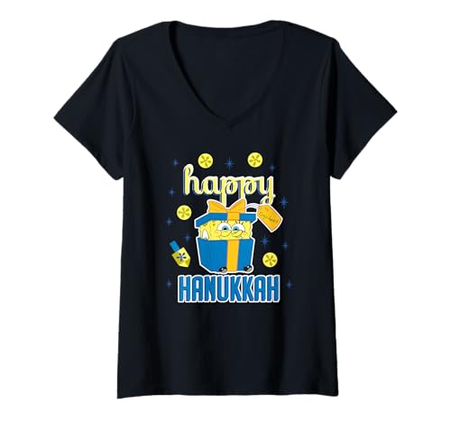 Damen Spongebob Squarepants Happy Hanukkah A Present for Squidward T-Shirt mit V-Ausschnitt von SpongeBob SquarePants