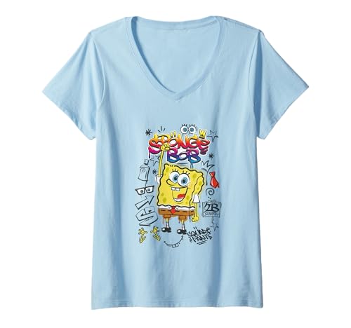 Damen Spongebob Squarepants Hip Hop Graffiti T-Shirt mit V-Ausschnitt von SpongeBob SquarePants