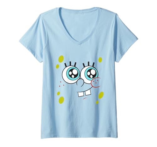 Damen Spongebob Squarepants Kawaii Face T-Shirt mit V-Ausschnitt von SPONGEBOB SQUAREPANTS