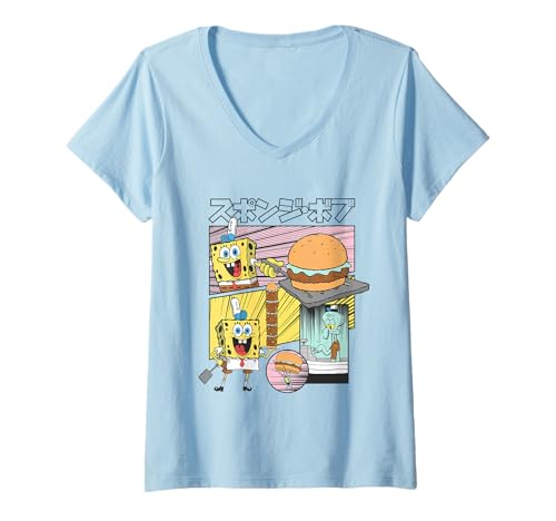 Damen Spongebob Squarepants Krabby Patties Kawaii T-Shirt mit V-Ausschnitt von SpongeBob SquarePants