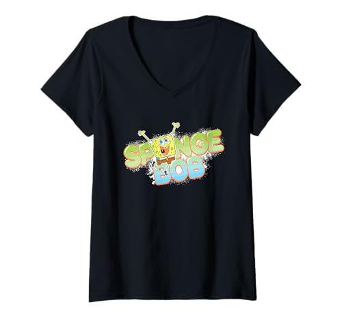 Damen Spongebob Squarepants Logo Happy Face T-Shirt mit V-Ausschnitt von SpongeBob SquarePants