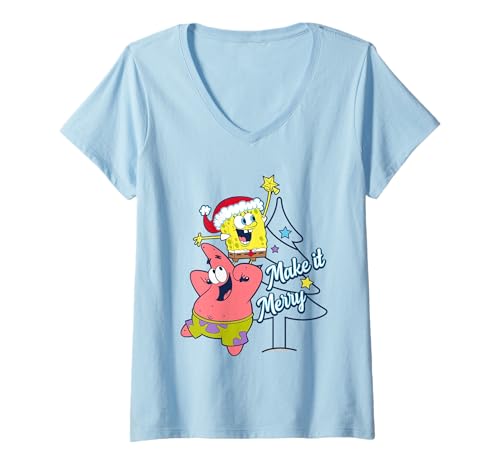 Damen Spongebob Squarepants Make It Merry Christmas T-Shirt mit V-Ausschnitt von SpongeBob SquarePants