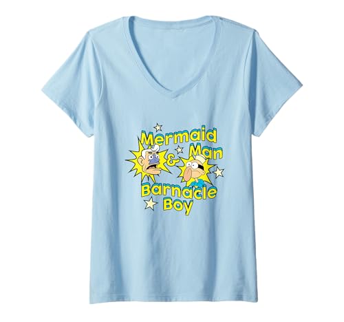 Damen Spongebob Squarepants Mermaid Man & Barnacle Boy T-Shirt mit V-Ausschnitt von SPONGEBOB SQUAREPANTS