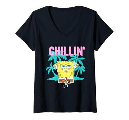 Damen Spongebob Squarepants Palm Trees Chillin T-Shirt mit V-Ausschnitt von SpongeBob SquarePants