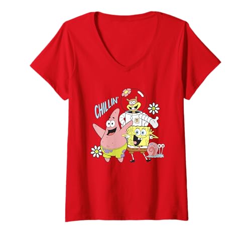 Damen Spongebob Squarepants Patrick Sandy Gary Chilling T-Shirt mit V-Ausschnitt von SPONGEBOB SQUAREPANTS
