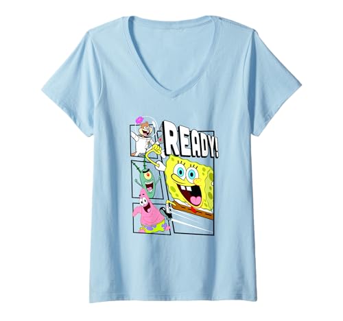Damen Spongebob Squarepants Patrick Sandy and Plankton Ready Team T-Shirt mit V-Ausschnitt von SPONGEBOB SQUAREPANTS