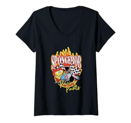 Damen Spongebob Squarepants Racing Parts On Fire Retro T-Shirt mit V-Ausschnitt von SpongeBob SquarePants