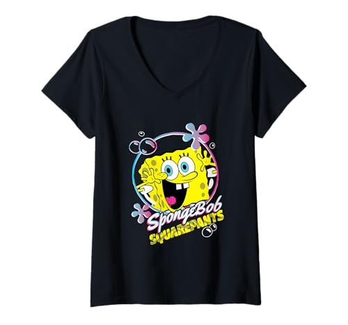 Damen Spongebob Squarepants Spongebob Bubble Flower T-Shirt mit V-Ausschnitt von SpongeBob SquarePants