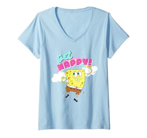 Damen Spongebob Squarepants Spongebob Get Happy Cute Rainbow T-Shirt mit V-Ausschnitt von SpongeBob SquarePants