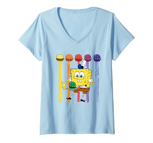 Damen Spongebob Squarepants Spongebob Krabby Patties Colorful T-Shirt mit V-Ausschnitt von SpongeBob SquarePants