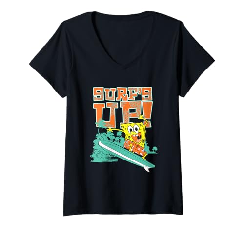 Damen Spongebob Squarepants Surf's Up Palm Trees T-Shirt mit V-Ausschnitt von SpongeBob SquarePants