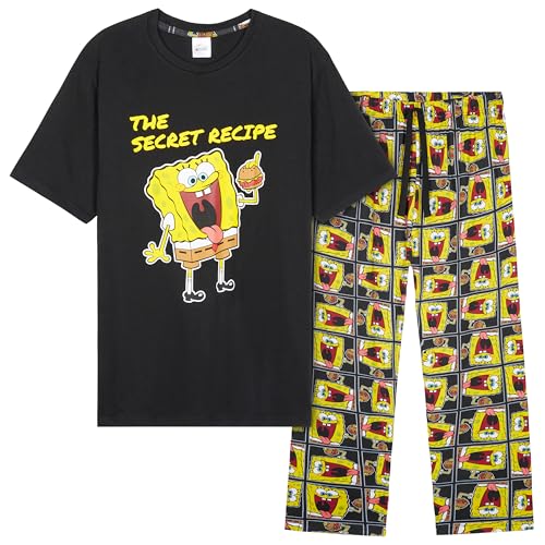 Spongebob Schwammkopf Schlafanzug Herren Pyjama Set mit Shirt und Langer Hose Lustiger Hausanzug Geschenk für Männer (L, Schwarz/Gelb) von SpongeBob SquarePants