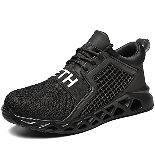 Arbeitsschuhe Sicherheitsschuhe Herren Damen Schutzschuhe Stahlkappe Sportlich Anti-Smashing Anti-Piercing Atmungsaktiv Schuhe Schwarz EU44 von Spongent