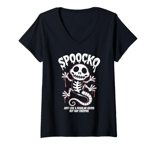 Damen Gruseliges Gecko-Skelett Halloween T-Shirt mit V-Ausschnitt Damen Gruseliges Gecko-Skelett Halloween T-Shirt mit V-Ausschnitt von Spoocko Eerie Gecko Spook