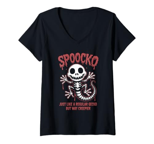 Damen Gruseliges Gecko-Skelett Halloween T-Shirt mit V-Ausschnitt von Spoocko Eerie Gecko Spook