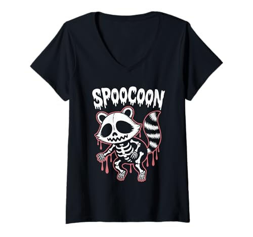 Damen Gruseliges Waschbär Skelett Halloween T-Shirt mit V-Ausschnitt Damen Gruseliges Waschbär Skelett Halloween T-Shirt mit V-Ausschnitt von Spoocoon Eerie Raccoon Spook