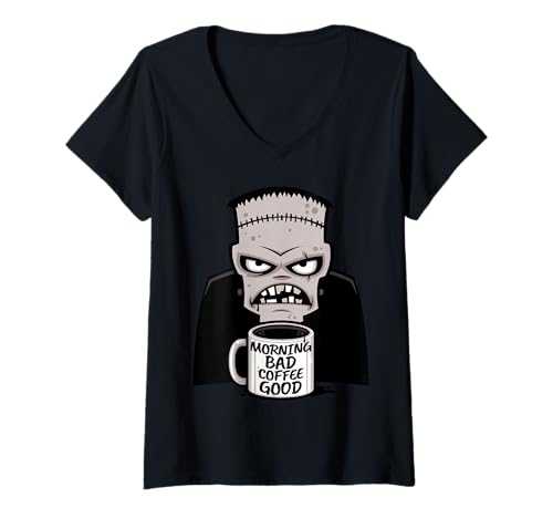 Damen Morning Bad Coffee Gutes Lustiges gruseliges wiederbelebtes Monster T-Shirt mit V-Ausschnitt Damen Morning Bad Coffee Gutes Lustiges gruseliges wiederbelebtes Monster T-Shirt mit V-Ausschnitt von Spook Halloween Monster Morning Bad Coffee Good