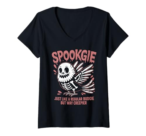 Damen Gruseliger Wellensittich Skelett Wellensittich Halloween T-Shirt mit V-Ausschnitt Damen Gruseliger Wellensittich Skelett Wellensittich Halloween T-Shirt mit V-Ausschnitt von Spookgie Eerie Budgie Spook