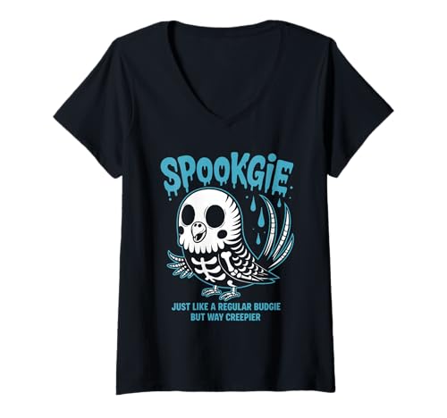 Damen Gruseliger Wellensittich Skelett Wellensittich Halloween T-Shirt mit V-Ausschnitt Damen Gruseliger Wellensittich Skelett Wellensittich Halloween T-Shirt mit V-Ausschnitt von Spookgie Eerie Budgie Spook
