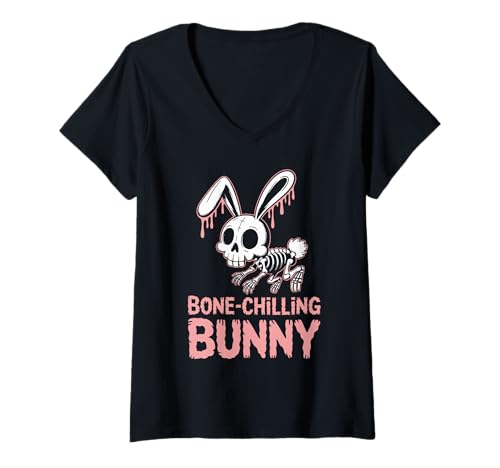 Damen Gruseliges Häschen Skelett Kaninchen Halloween T-Shirt mit V-Ausschnitt Damen Gruseliges Häschen Skelett Kaninchen Halloween T-Shirt mit V-Ausschnitt von Spookgie Eerie Hare Spook