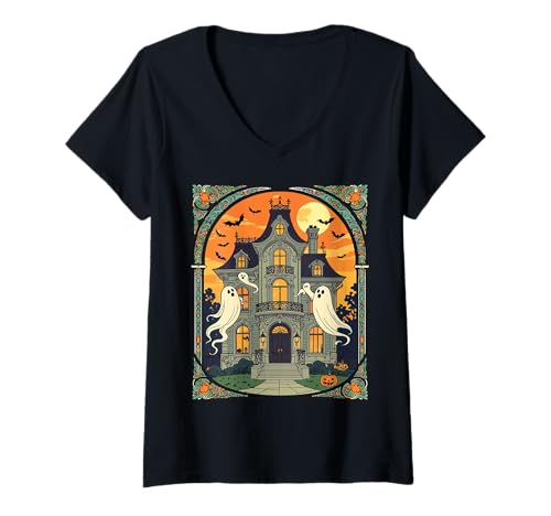 Damen Spukhaus - Gruseliger Halbmond T-Shirt mit V-Ausschnitt Damen Spukhaus - Gruseliger Halbmond T-Shirt mit V-Ausschnitt von Spookiest Gothic Mansions Gifts & Tees by taiche
