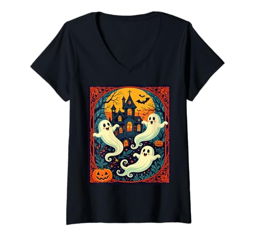 Damen Spukhaus - Orange Moon Close T-Shirt mit V-Ausschnitt Damen Spukhaus - Orange Moon Close T-Shirt mit V-Ausschnitt von Spookiest Gothic Mansions Gifts & Tees by taiche