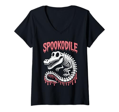 Damen Gruseliges Krokodil Skelett Halloween T-Shirt mit V-Ausschnitt Damen Gruseliges Krokodil Skelett Halloween T-Shirt mit V-Ausschnitt von Spookodile Eerie Crocodile Spook