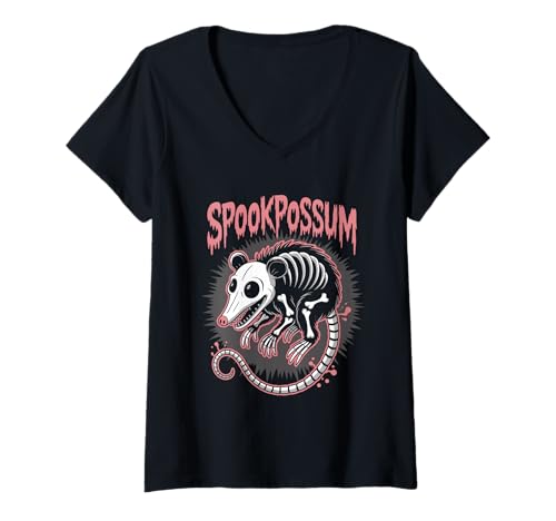 Damen Gruseliges Opossum Skelett Opossum Halloween T-Shirt mit V-Ausschnitt Damen Gruseliges Opossum Skelett Opossum Halloween T-Shirt mit V-Ausschnitt von Spookpossum Eerie Opossum Spook