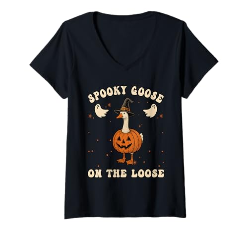 Damen Gruselige Gans auf der losen Hexe albernes Tier Halloween T-Shirt mit V-Ausschnitt Damen Gruselige Gans auf der losen Hexe albernes Tier Halloween T-Shirt mit V-Ausschnitt von Spooks.co: Spooky Goose On The Loose Halloween