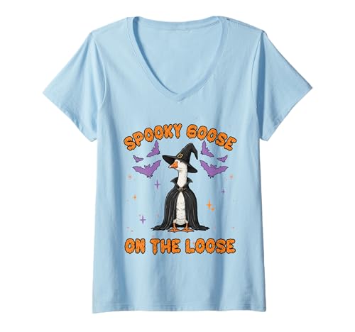 Damen Gruselige Gans auf der losen Hexe albernes Tier Halloween T-Shirt mit V-Ausschnitt Damen Gruselige Gans auf der losen Hexe albernes Tier Halloween T-Shirt mit V-Ausschnitt von Spooks.co: Spooky Goose On The Loose Halloween