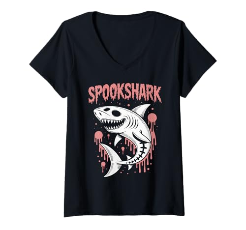 Damen Gruseliges Hai Skelett Halloween T-Shirt mit V-Ausschnitt Damen Gruseliges Hai Skelett Halloween T-Shirt mit V-Ausschnitt von Spookshark Eerie Shark Spook