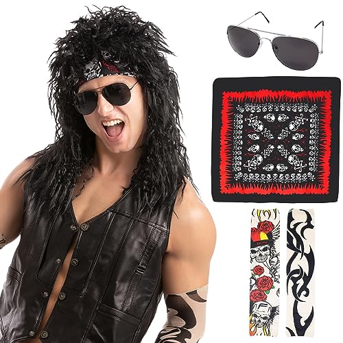 Spooktacular Creations Men's Black Rocker Wig Set Long Curly Halloween Wig for Adults 80’s Party Cosplay Accessories Spooktacular Creations Men's Black Rocker Wig Set Long Curly Halloween Wig for Adults 80’s Party Cosplay Accessories von Spooktacular Creations