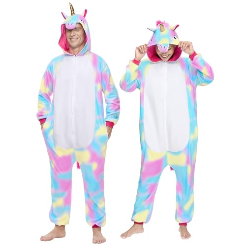 Spooktacular Creations Unisex-Erwachsene Pyjama-Plüsch-Overall, einteilig, blau, buntes Einhorn-Tierkostüm, L von Spooktacular Creations