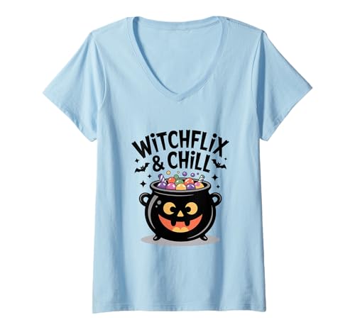 Damen Witchflix and Chill Lustige Halloween-Vibes T-Shirt mit V-Ausschnitt Damen Witchflix and Chill Lustige Halloween-Vibes T-Shirt mit V-Ausschnitt von Spooktacular Halloween Apparel for Everyone