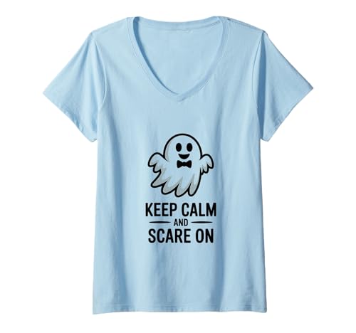 Damen Bleib ruhig und erschrecke den Halloween-Spaß mit Ghost T-Shirt mit V-Ausschnitt von Spooktacular Halloween Apparel