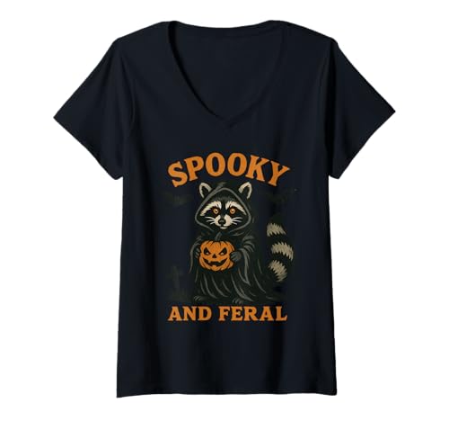 Damen Spooky and Feral Funny Raccoon Pumpkin Halloween T-Shirt mit V-Ausschnitt Damen Spooky and Feral Funny Raccoon Pumpkin Halloween T-Shirt mit V-Ausschnitt von Spooky And Feral Funny Raccoon Lover Apparel